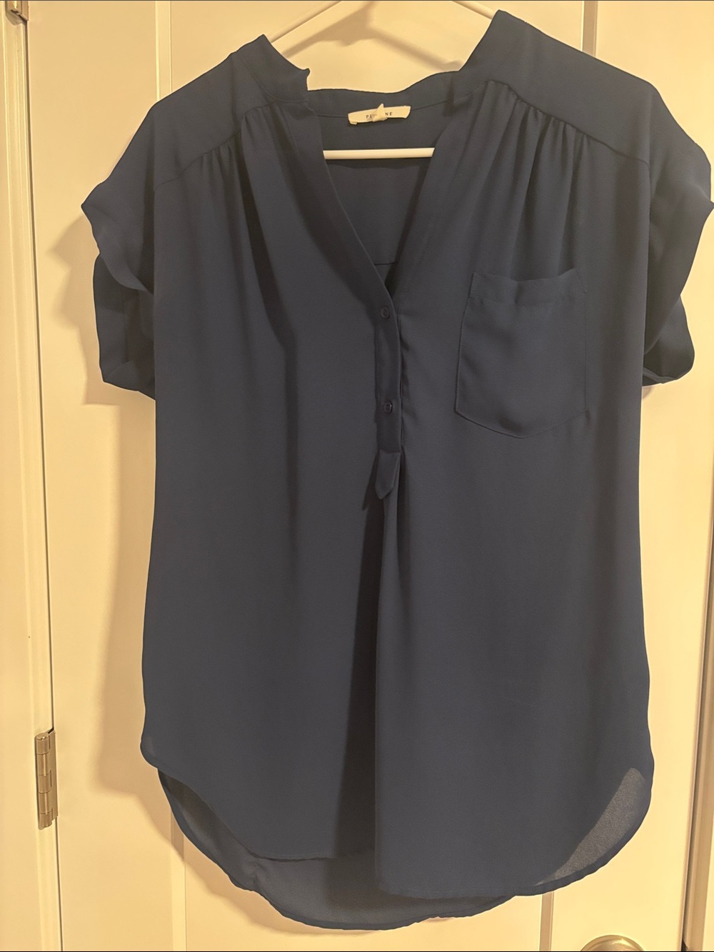 Pleione Deep Navy Short-Sleeve Button Front Blouse
